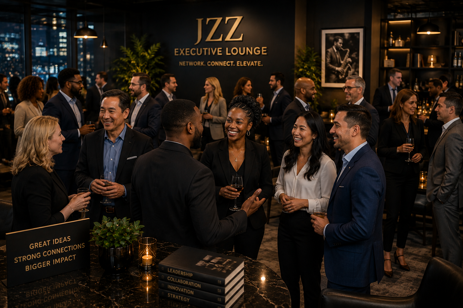 Guests networking inside the JZZ Executive Lounge, LLC