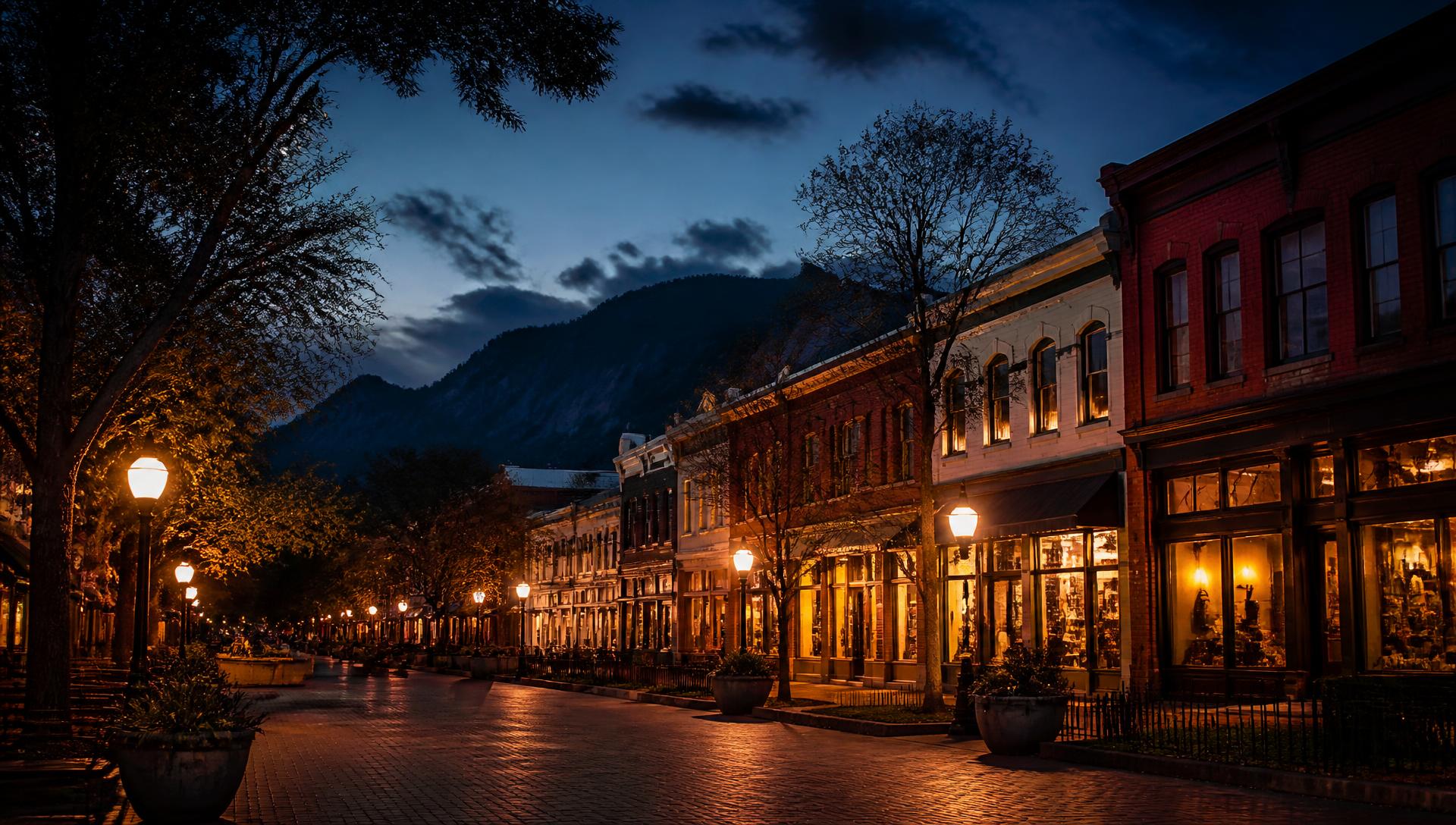 Pearl Street in Boulder, Colorado at dusk